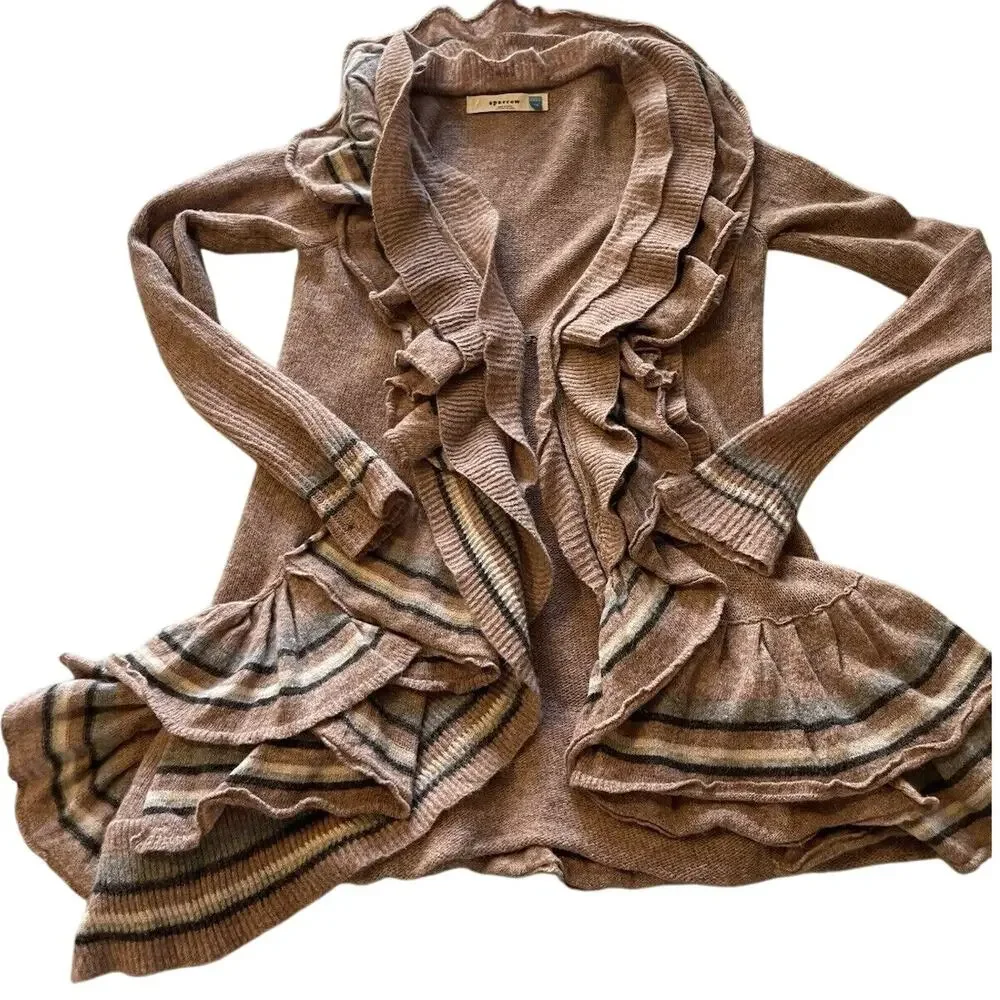 Sparrow Anthropologie Y2K Boho Wool Blend Beige Ruffle Open Front Cardigan Med